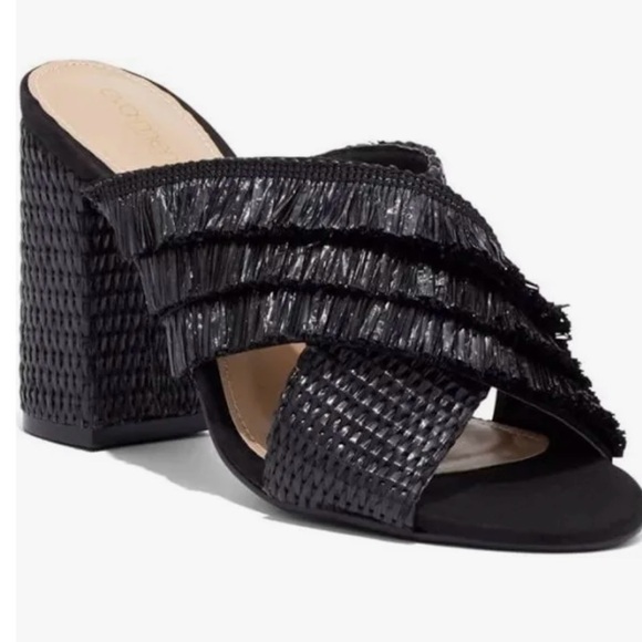 Eva Mendes for NY&Co. | Fringe Weave Block Heel Sandals | Black | 7 - Picture 1 of 6
